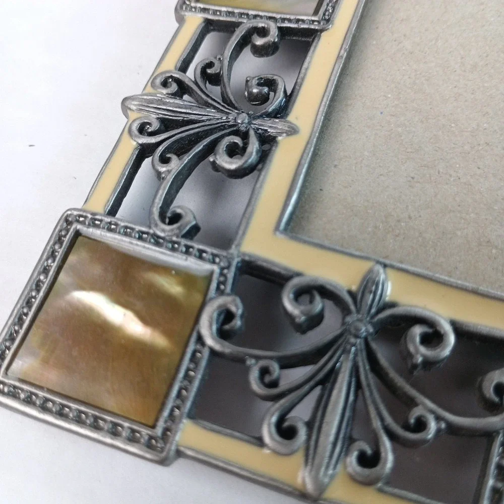 Vintage Picture 4 x 6 Mother of Pearl Enamel and Metal Picture Frame